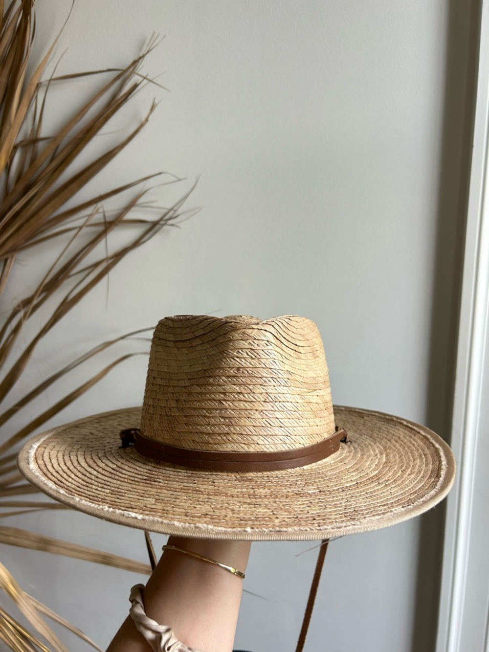 Hemlock Hat Co. Straw Sun Hat with Brown Leather Chin Strap